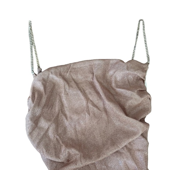 Glitter Ruched Bodycon Mini Dress Rhinestone Strap Champagne XSmall - Picture 4 of 5